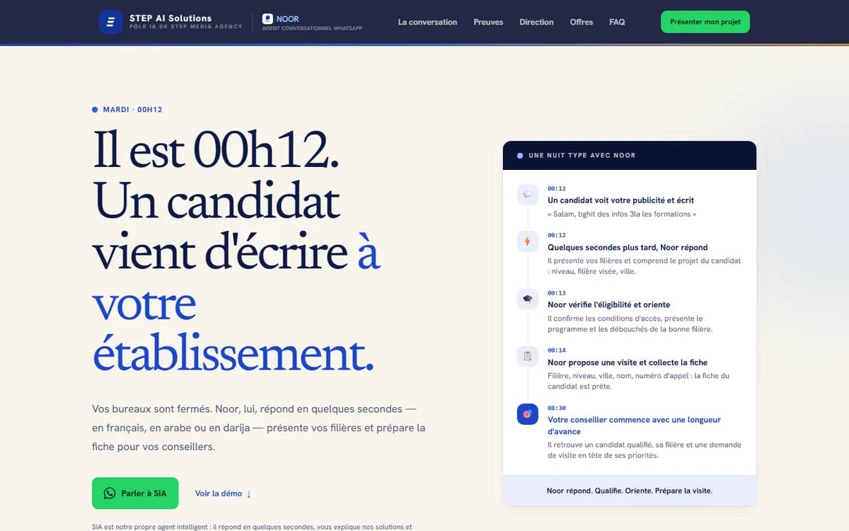 Landing page réalisée par STEP pour l'agent Noor : la conversation d'une nuit type, de la demande à la fiche